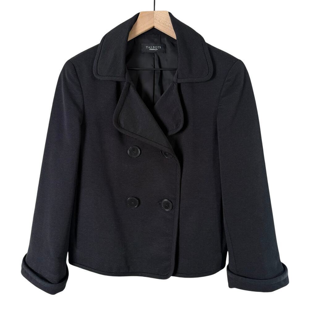 Talbots The Grace Fit Double Breasted Ribbed Blazer Jacket Cotton Silk Black, 14